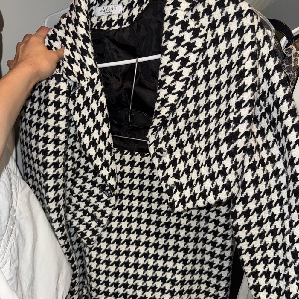 Lavish Black and White Houndstooth Blazer and Skirt Two Piece Set